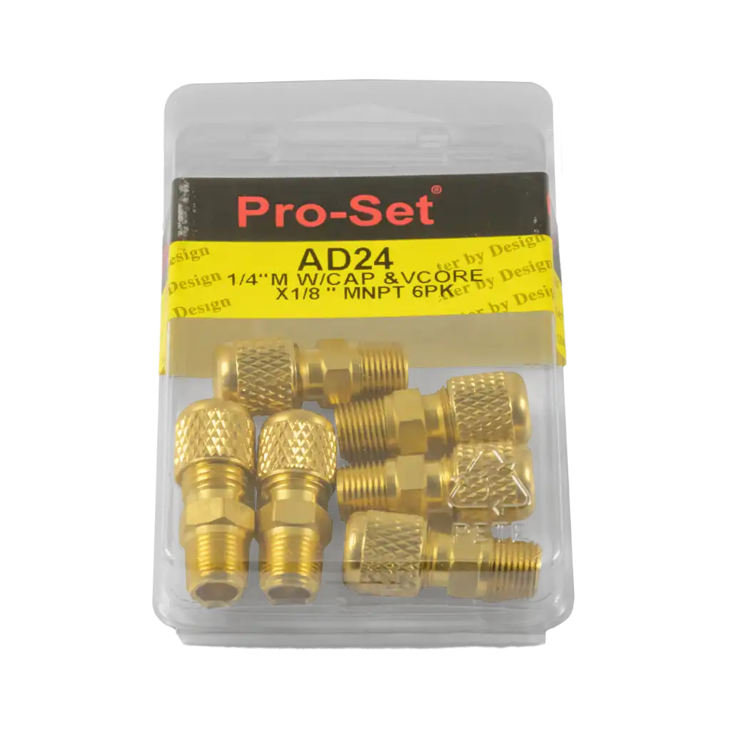 AD24-1 AD24 1/4" SAE to 1/8" MNPT adapter with cap and core. Brass manifold and compressor fitting for secure, leak-resistant HVAC/R connections.