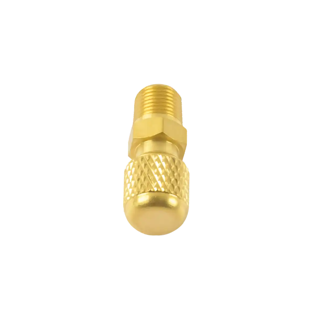AD24-4 AD24 1/4" SAE to 1/8" MNPT adapter with cap and core. Brass manifold and compressor fitting for secure, leak-resistant HVAC/R connections.