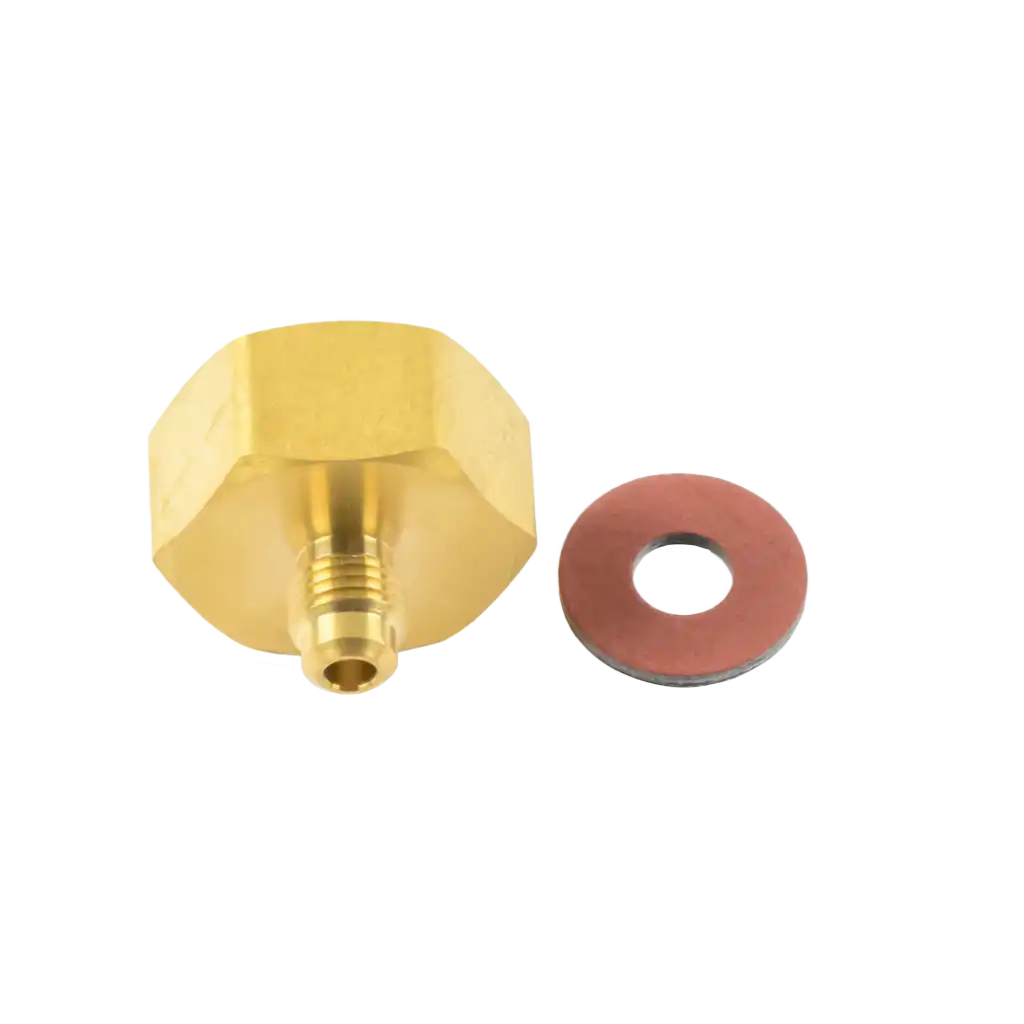 AD41-4 AD41 3/4"-14 gas bottle adapter to 1/4" SAE M for 125 lb tanks. Brass construction with gasket for secure HVAC/R refrigerant connections.