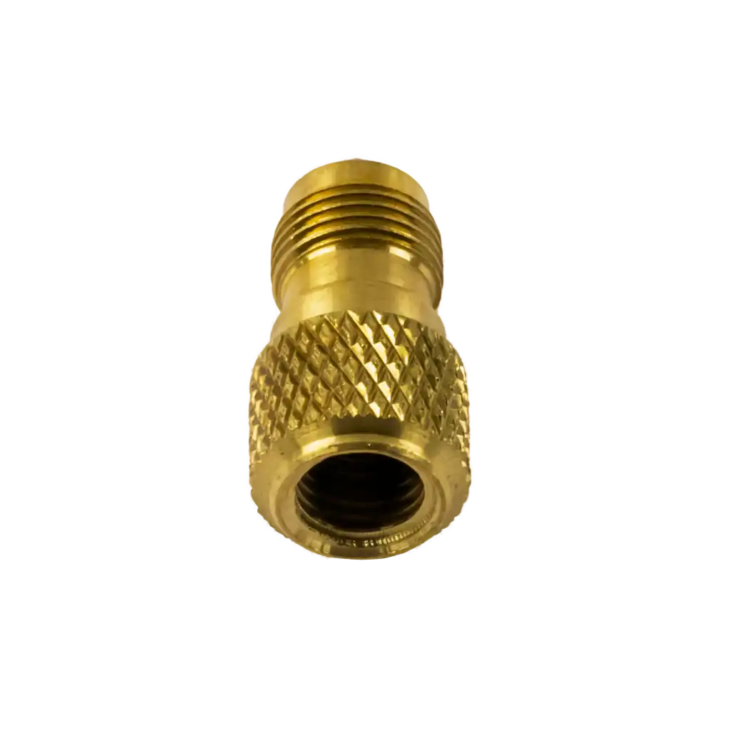 AD68 3/8" SAE to 1/2" ACME port adapter for vacuum pumps. Converts 1/2" ports to 3/8" with rubber seal and serrated barrel for easy tightening.