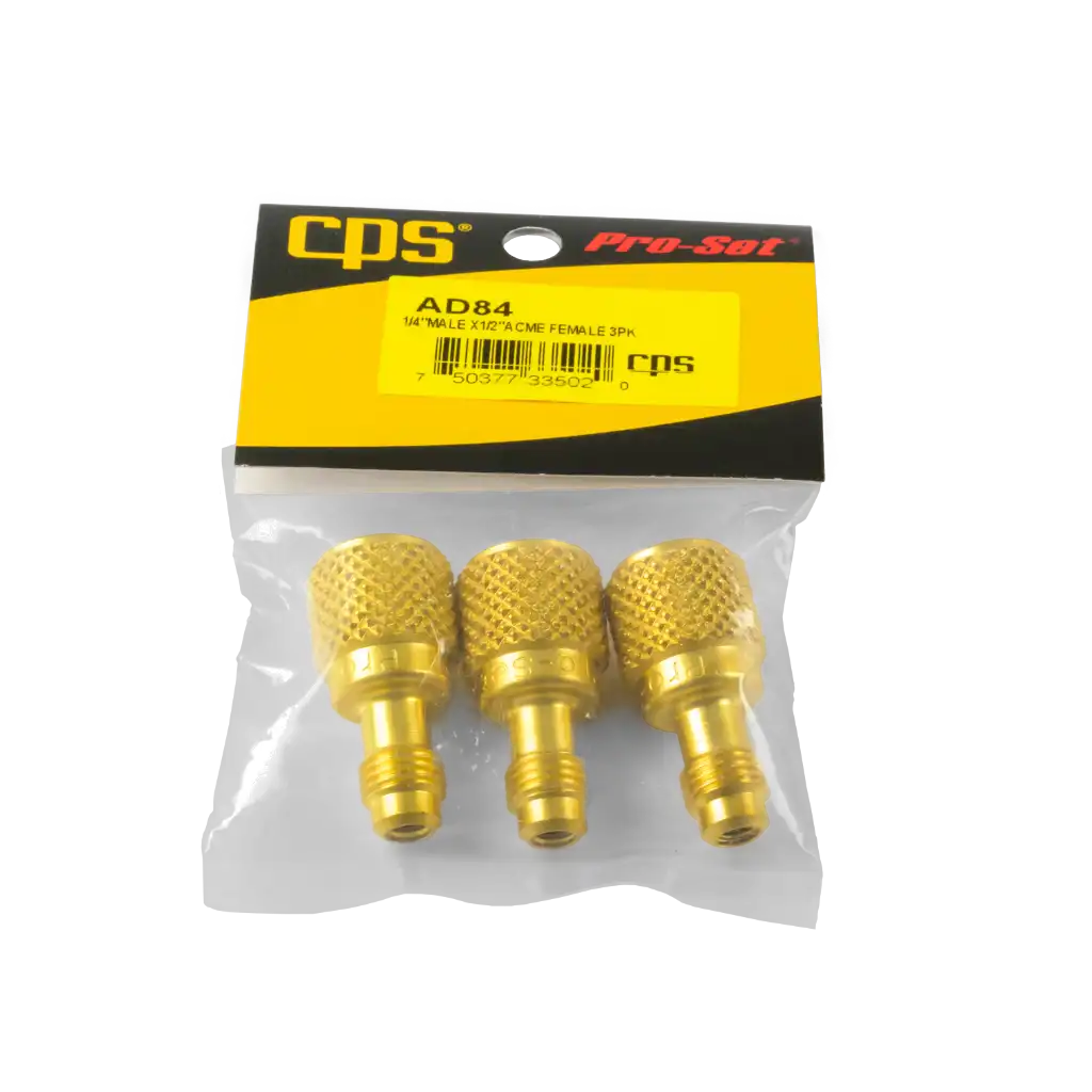 AD84-1 AD84 1/4" SAE to 1/2" ACME adapter 3 pack. Brass fittings for vacuum pumps, manifolds and recovery tanks. Durable, secure HVAC/R connections.