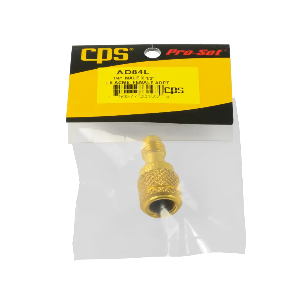 AD84L-1 AD84L R1234YF cylinder adapter 1/2″ ACME F x 1/4″ SAE M. Brass left-hand fitting for Dupont cylinders, ideal for automotive A/C service.