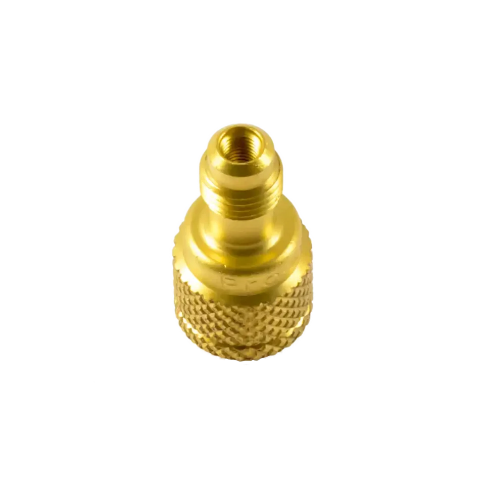 AD84L R1234YF cylinder adapter 1/2″ ACME F x 1/4″ SAE M. Brass left-hand fitting for Dupont cylinders, ideal for automotive A/C service.