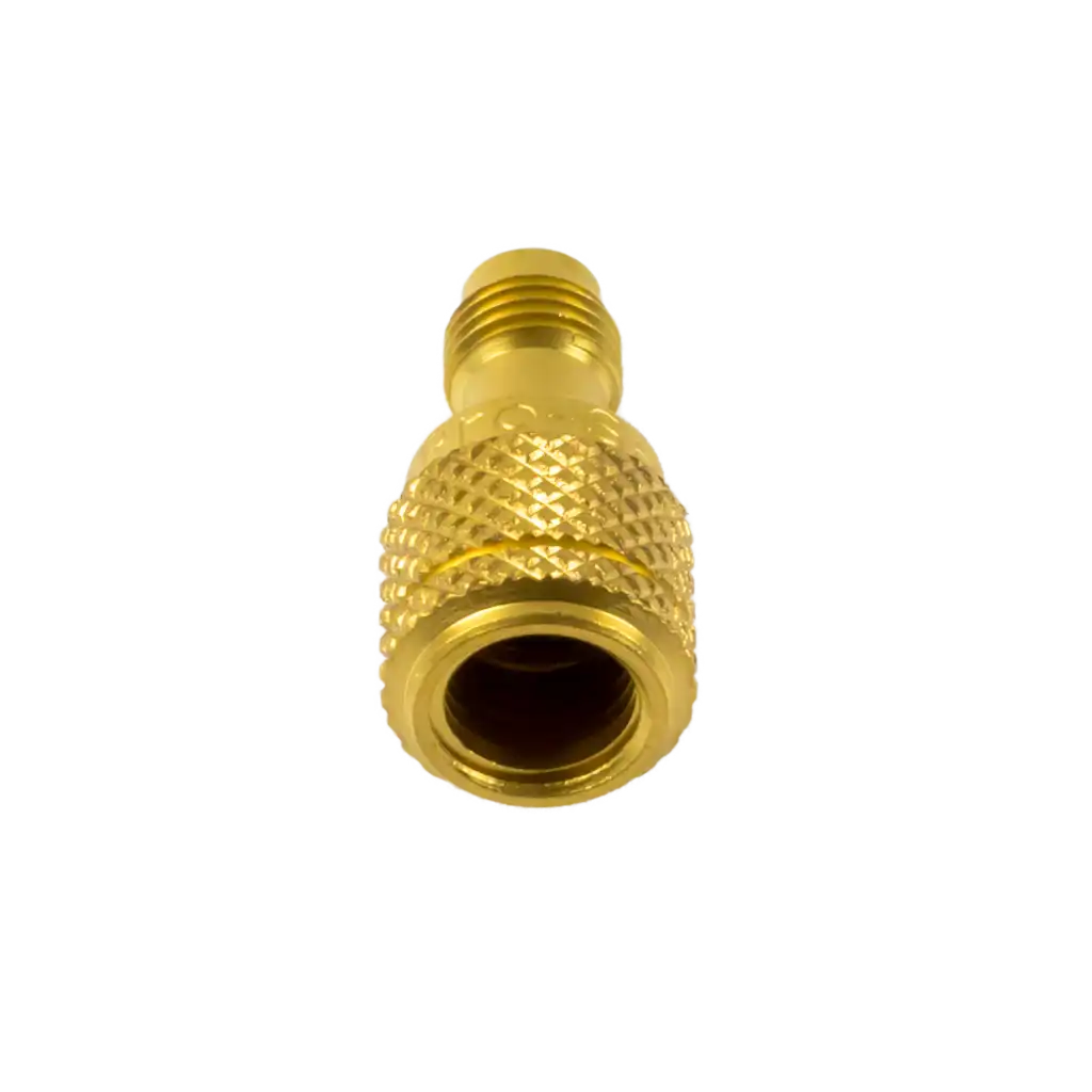 AD84L-3 AD84L R1234YF cylinder adapter 1/2″ ACME F x 1/4″ SAE M. Brass left-hand fitting for Dupont cylinders, ideal for automotive A/C service.