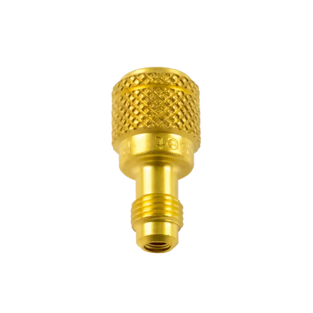 AD84L-4 AD84L R1234YF cylinder adapter 1/2″ ACME F x 1/4″ SAE M. Brass left-hand fitting for Dupont cylinders, ideal for automotive A/C service.