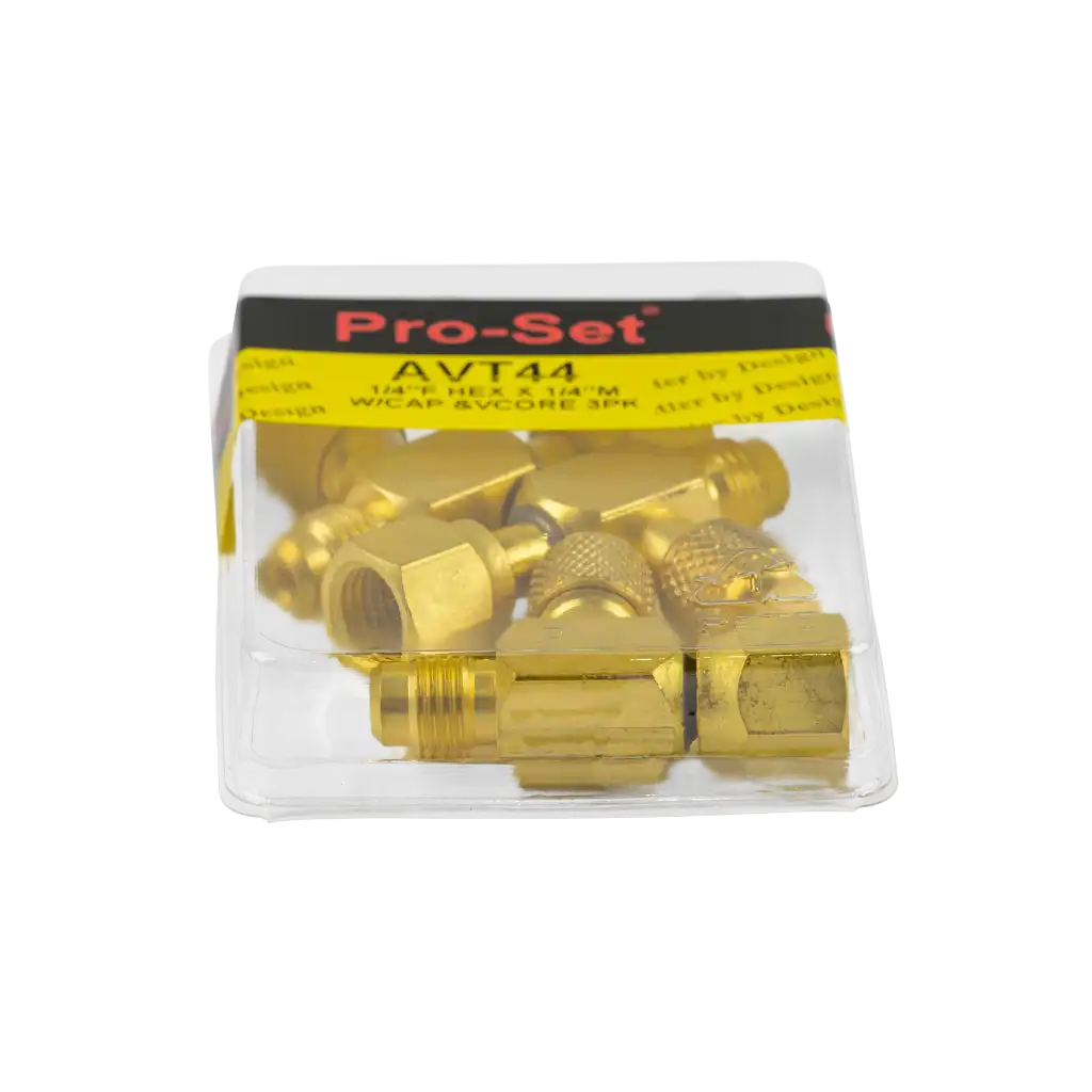 AVT44-1 1/4" SAE access fitting tee connector with cap and valve core. 3 pack with female hex and male connections for HVAC/R service.
