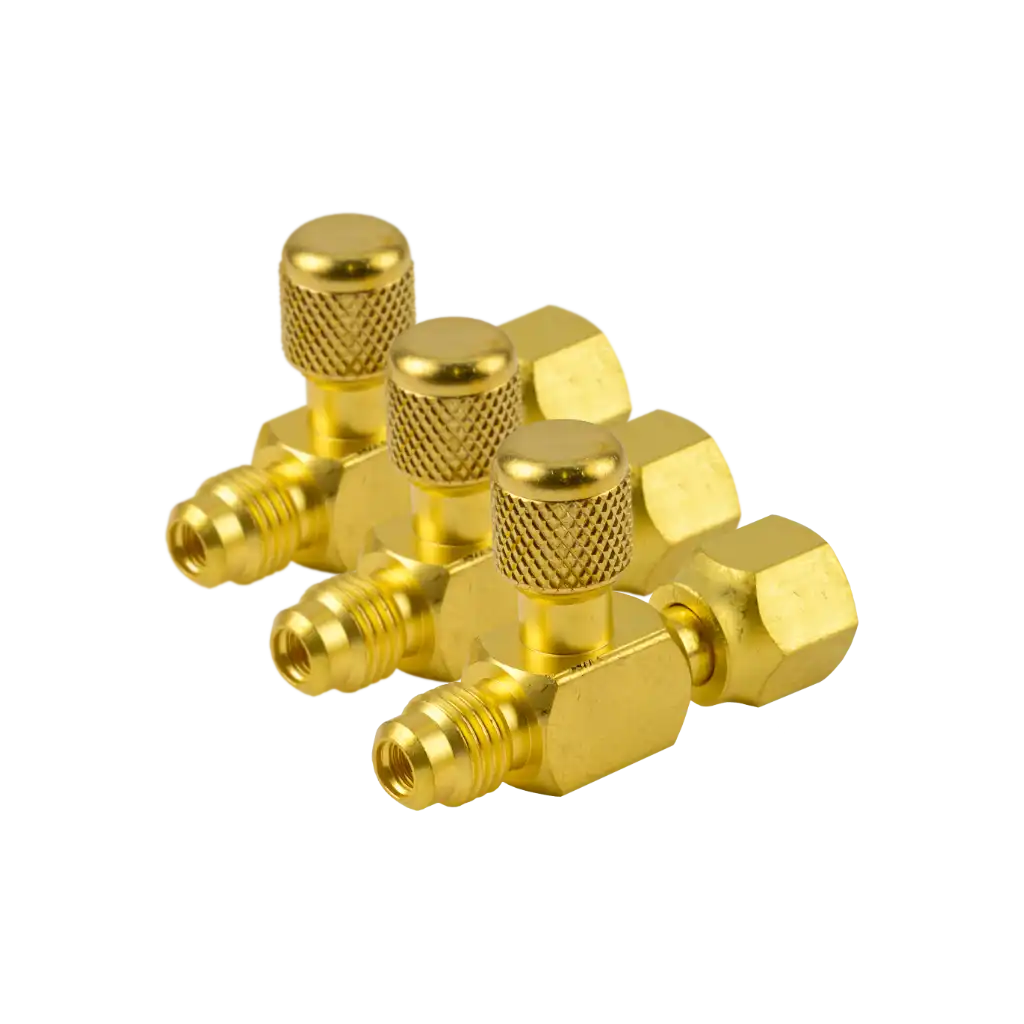 AVT44-3 1/4" SAE access fitting tee connector with cap and valve core. 3 pack with female hex and male connections for HVAC/R service.