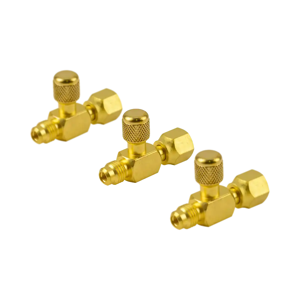 AVT44-4 1/4" SAE access fitting tee connector with cap and valve core. 3 pack with female hex and male connections for HVAC/R service.