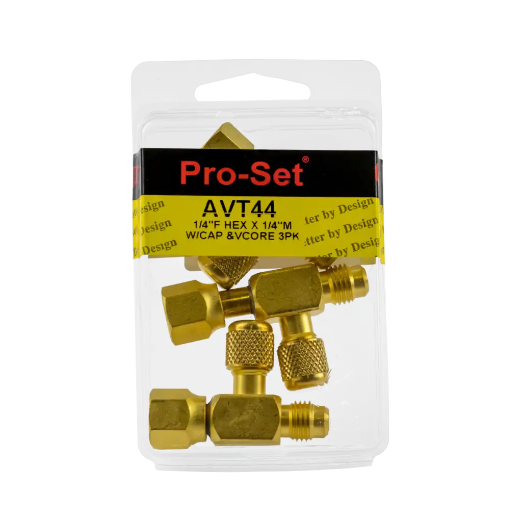 AVT44-8 1/4" SAE access fitting tee connector with cap and valve core. 3 pack with female hex and male connections for HVAC/R service.