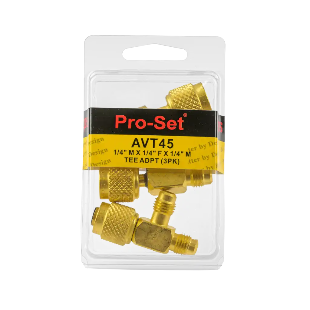 AVT45-1 1/4" SAE Tee access fitting 3 pack with female knurl and male connections. Valve core included for secure HVAC/R service access.