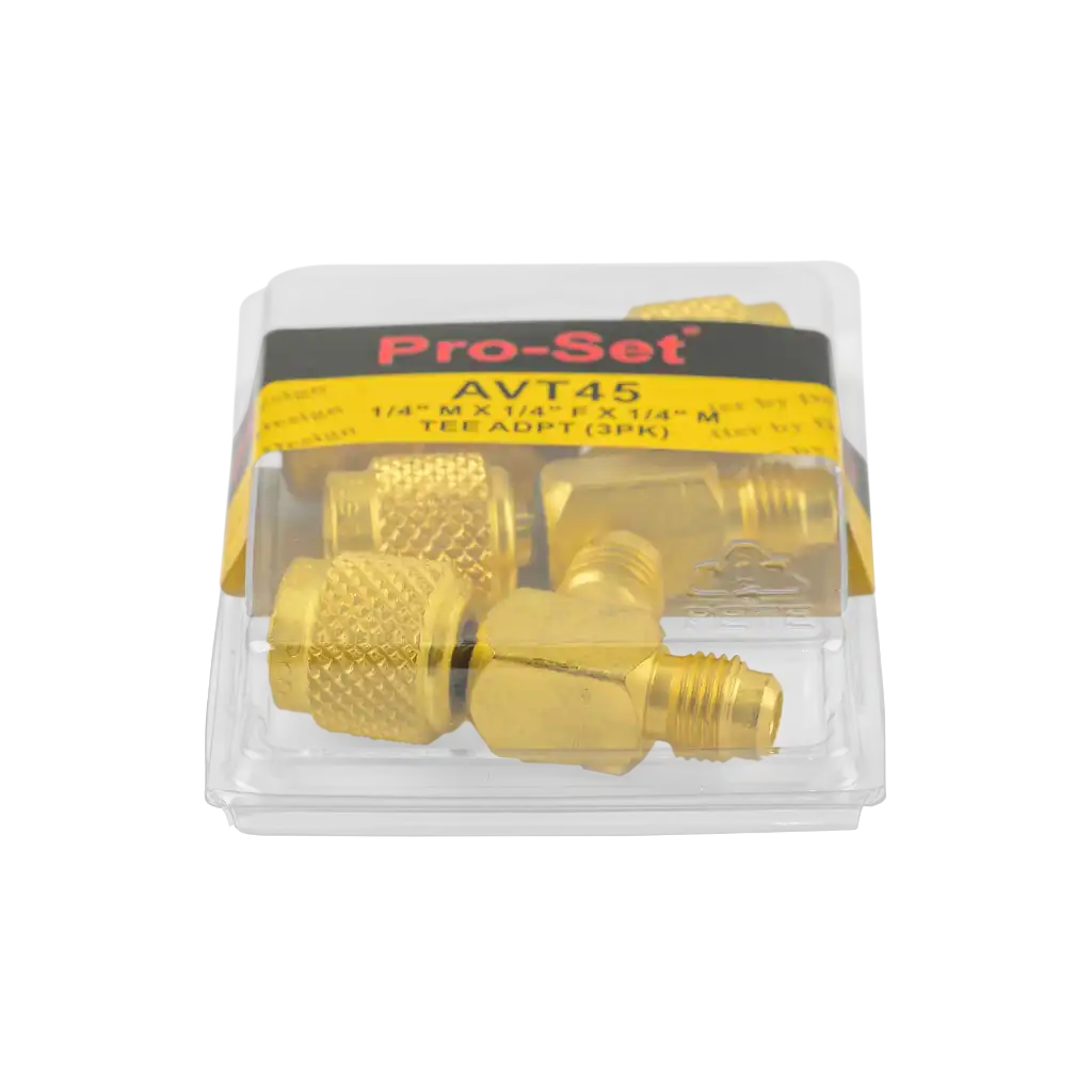 AVT45-2 1/4" SAE Tee access fitting 3 pack with female knurl and male connections. Valve core included for secure HVAC/R service access.