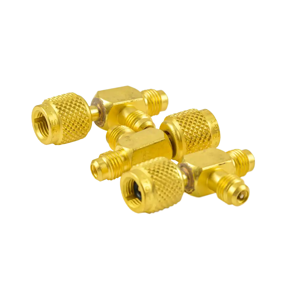 AVT45-3 1/4" SAE Tee access fitting 3 pack with female knurl and male connections. Valve core included for secure HVAC/R service access.