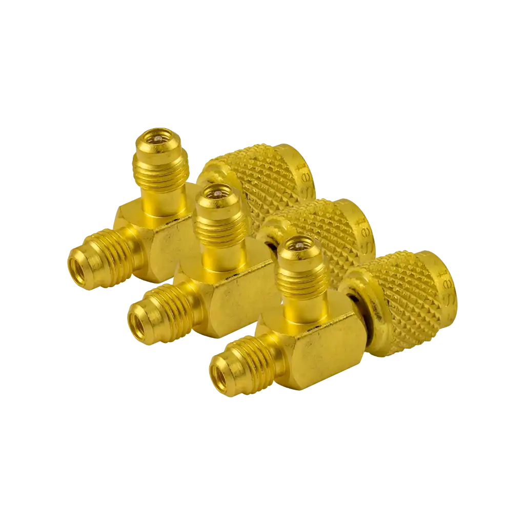 AVT45-4 1/4" SAE Tee access fitting 3 pack with female knurl and male connections. Valve core included for secure HVAC/R service access.