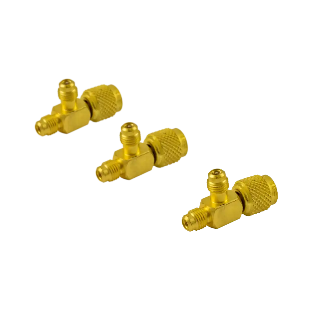 AVT45-5 1/4" SAE Tee access fitting 3 pack with female knurl and male connections. Valve core included for secure HVAC/R service access.