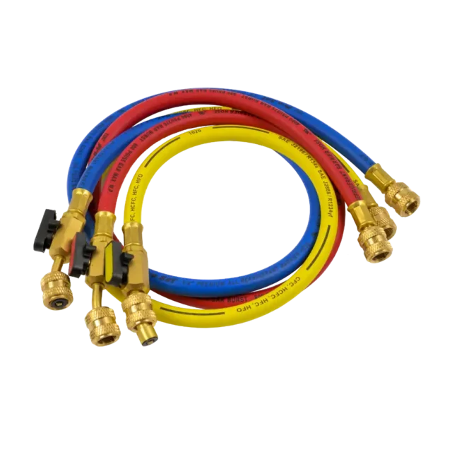 HJ3E 3 ft refrigerant hoses with ball valve for R-410A systems. SAE J2196 rated with 800 psi working pressure and leak-resistant performance.