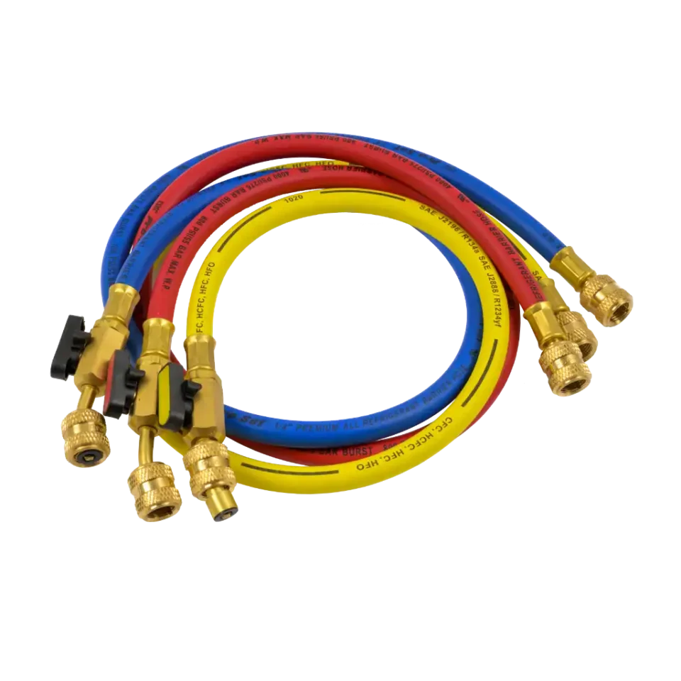HJ3E 3 ft refrigerant hoses with ball valve for R-410A systems. SAE J2196 rated with 800 psi working pressure and leak-resistant performance.
