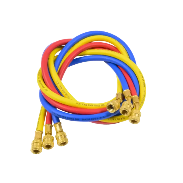 HJ5 150cm R410A refrigerant hose set with 1/2"-20 UNF fittings. SAE J2196 compliant, 800 psi rated and compatible with all refrigerants and blends.