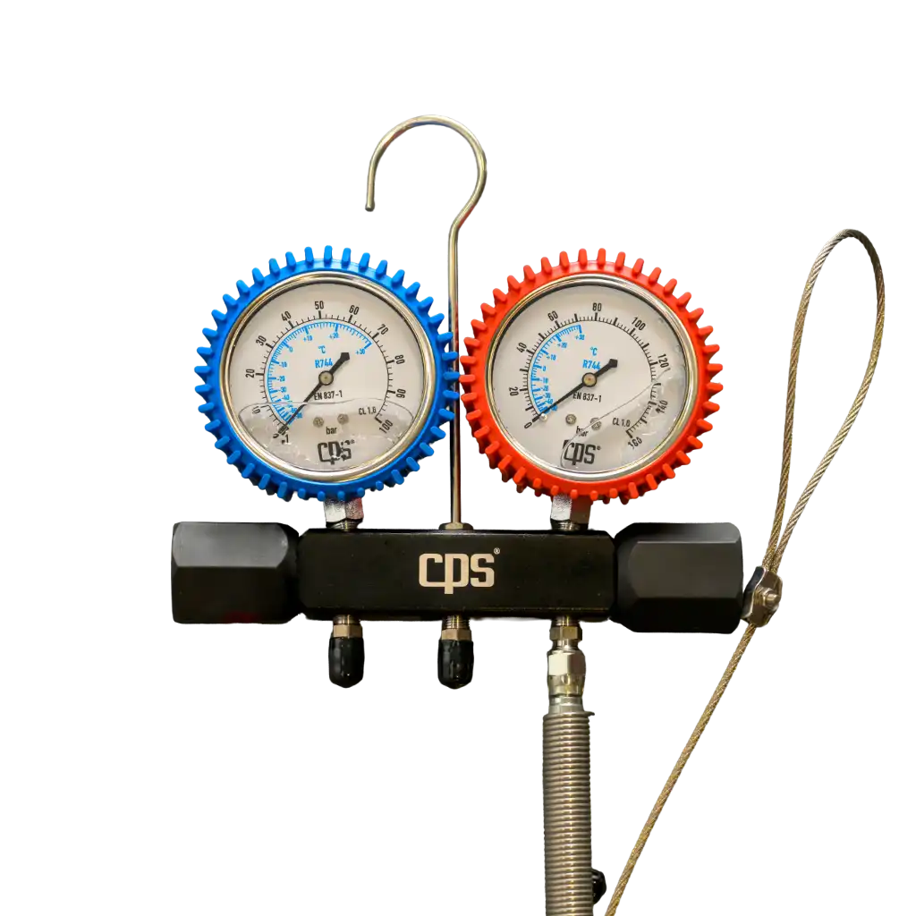 MBSCO2-6-sqr MBSCO2 CO2 Manifold - MBSCO2 CO2 Manifold: a high-pressure 2-way HVAC/R manifold with stainless steel valves, oil-filled gauges, and compatibility with CO2 systems.